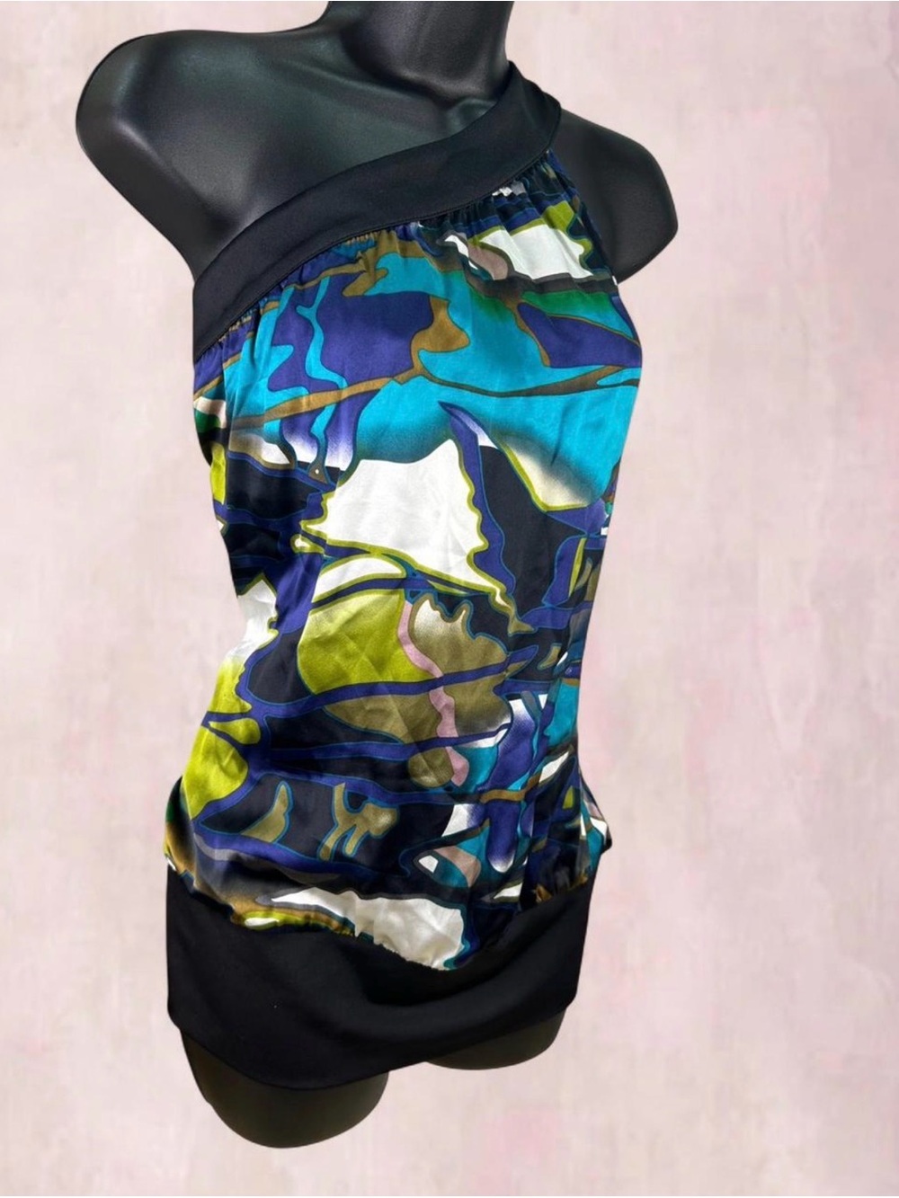 Arden B One-Shoulder Abstract Print Silk Blouse
